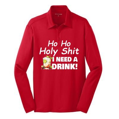 Ho Ho Holy I Need A Drink Funny Christmas Santa Claus Silk Touch Performance Long Sleeve Polo