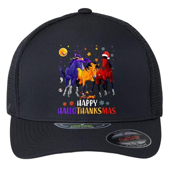 Happy Hallothanksmas Horse Halloween Thanksgiving Christmas Flexfit Unipanel Trucker Cap