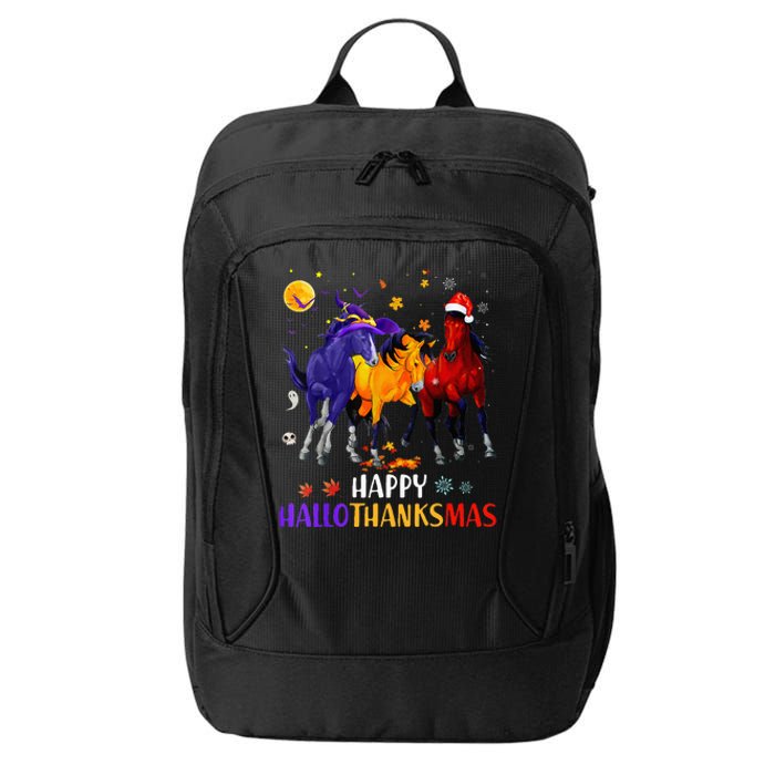 Happy Hallothanksmas Horse Halloween Thanksgiving Christmas City Backpack