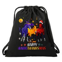 Happy Hallothanksmas Horse Halloween Thanksgiving Christmas Drawstring Bag