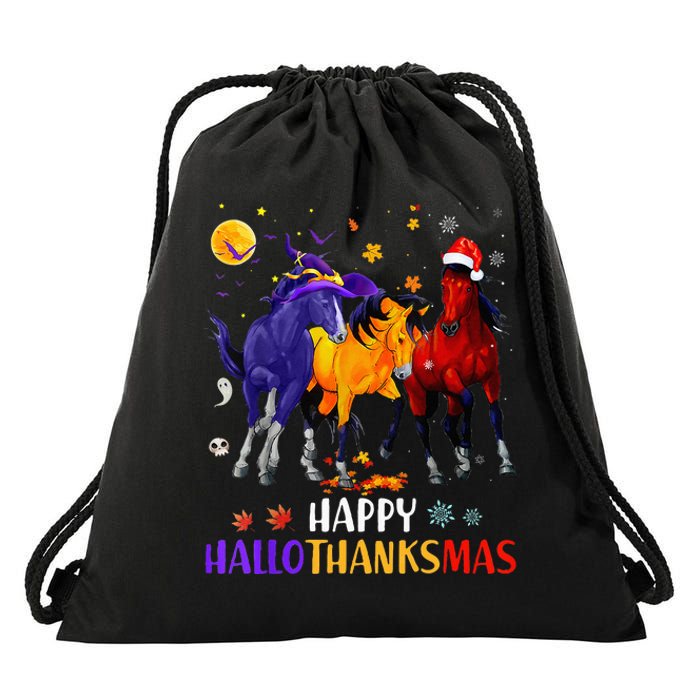 Happy Hallothanksmas Horse Halloween Thanksgiving Christmas Drawstring Bag