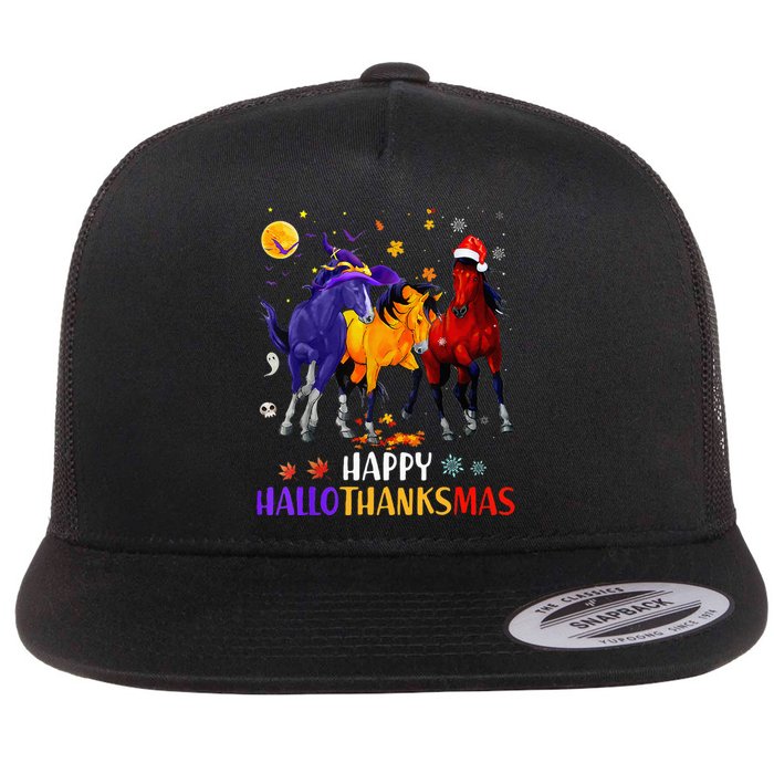 Happy Hallothanksmas Horse Halloween Thanksgiving Christmas Flat Bill Trucker Hat