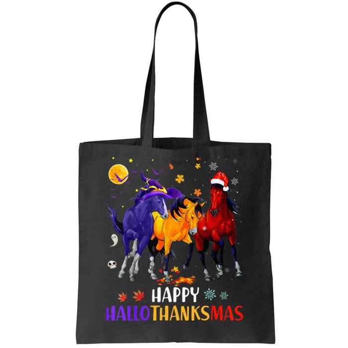 Happy Hallothanksmas Horse Halloween Thanksgiving Christmas Tote Bag