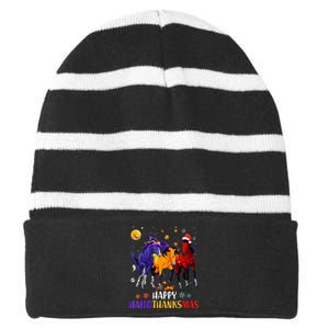 Happy Hallothanksmas Horse Halloween Thanksgiving Christmas Striped Beanie with Solid Band