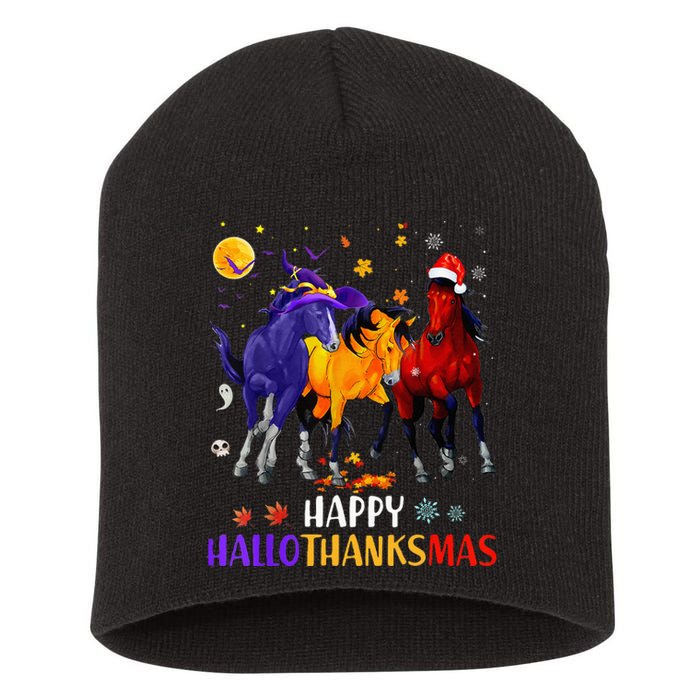 Happy Hallothanksmas Horse Halloween Thanksgiving Christmas Short Acrylic Beanie