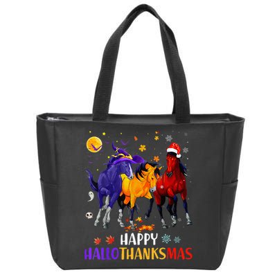 Happy Hallothanksmas Horse Halloween Thanksgiving Christmas Zip Tote Bag