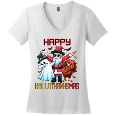 Happy Hallothanksmas Halloween Thanksgiving Christmas 2024 Women's V-Neck T-Shirt