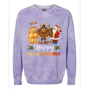 Happy Hallothanksmas Halloween Thanksgiving Christmas Funny Colorblast Crewneck Sweatshirt