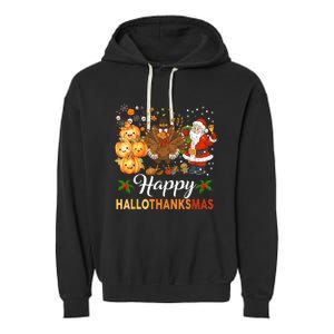 Happy Hallothanksmas Halloween Thanksgiving Christmas Funny Garment-Dyed Fleece Hoodie