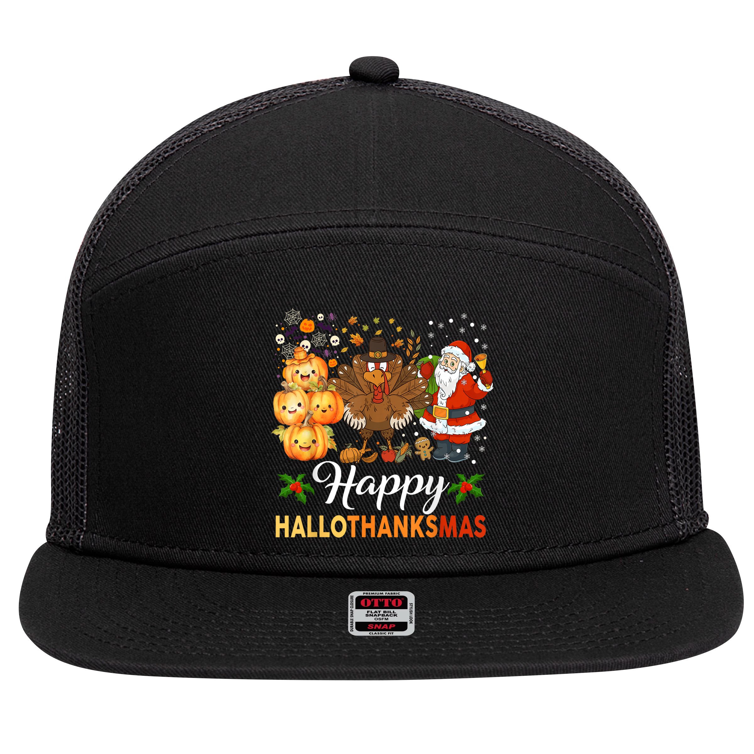 Happy Hallothanksmas Halloween Thanksgiving Christmas Funny 7 Panel Mesh Trucker Snapback Hat