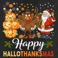 Happy Hallothanksmas Halloween Thanksgiving Christmas Funny 7 Panel Mesh Trucker Snapback Hat