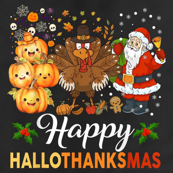 Happy Hallothanksmas Halloween Thanksgiving Christmas Funny 7 Panel Mesh Trucker Snapback Hat