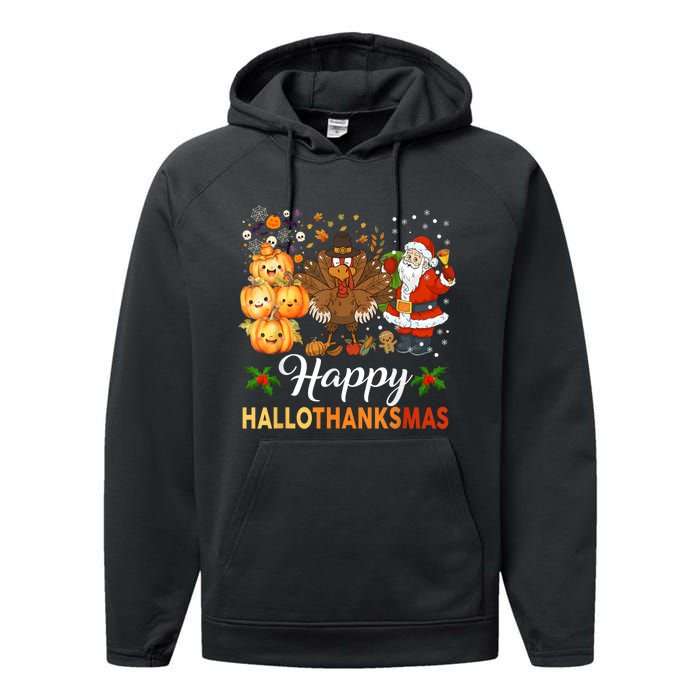 Happy Hallothanksmas Halloween Thanksgiving Christmas Funny Performance Fleece Hoodie