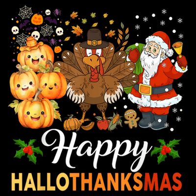 Happy Hallothanksmas Halloween Thanksgiving Christmas Funny T-Shirt