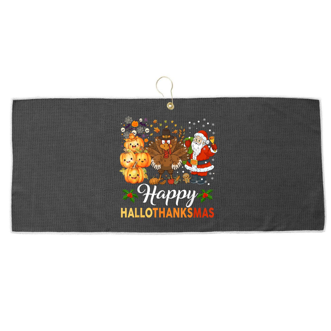 Happy Hallothanksmas Halloween Thanksgiving Christmas Funny Large Microfiber Waffle Golf Towel