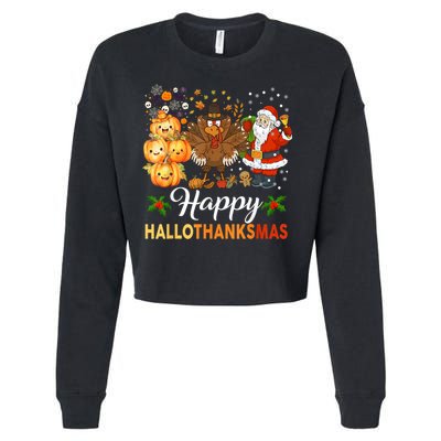 Happy Hallothanksmas Halloween Thanksgiving Christmas Funny Cropped Pullover Crew