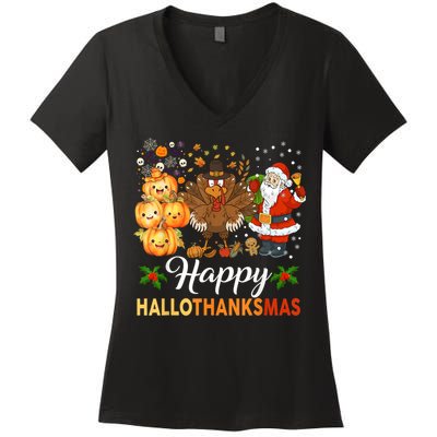 Happy Hallothanksmas Halloween Thanksgiving Christmas Funny Women's V-Neck T-Shirt