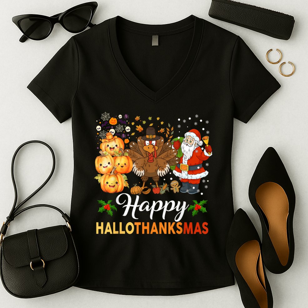 Happy Hallothanksmas Halloween Thanksgiving Christmas Funny Women's V-Neck T-Shirt