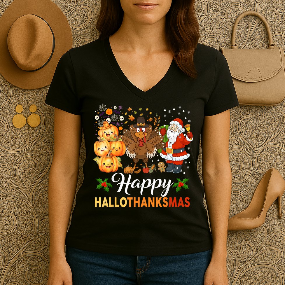 Happy Hallothanksmas Halloween Thanksgiving Christmas Funny Women's V-Neck T-Shirt
