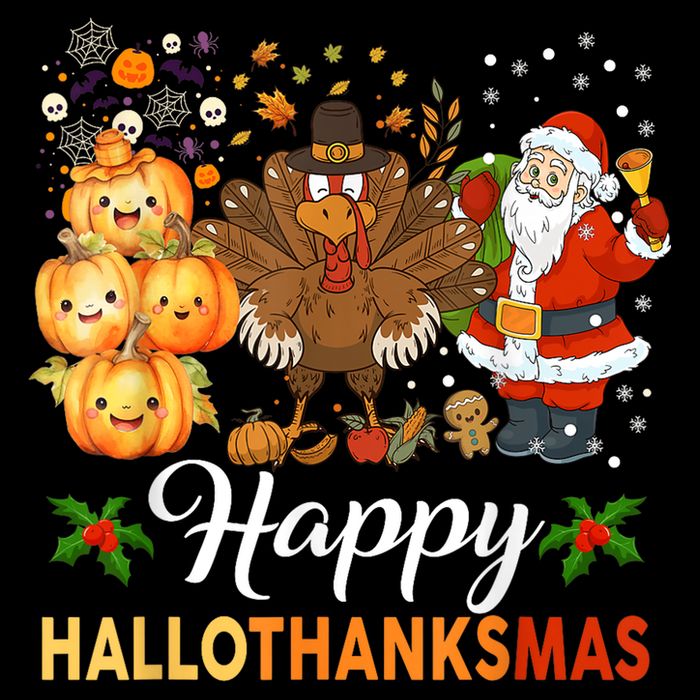 Happy Hallothanksmas Halloween Thanksgiving Christmas Funny Women's V-Neck T-Shirt