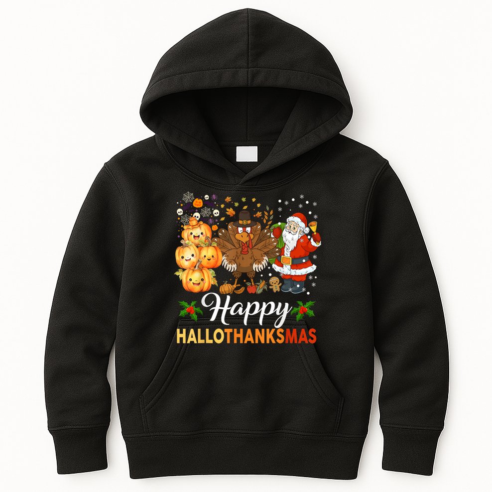 Happy Hallothanksmas Halloween Thanksgiving Christmas Funny Kids Hoodie