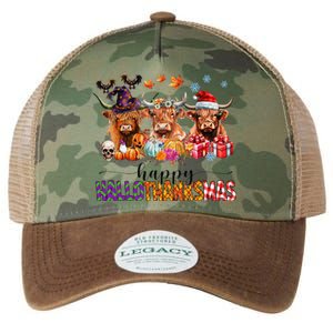 Happy Hallothanksmas Highland Cow Print Halloween Christmas Legacy Tie Dye Trucker Hat