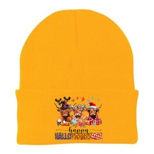 Happy Hallothanksmas Highland Cow Print Halloween Christmas Knit Cap Winter Beanie