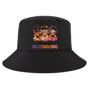 Happy Hallothanksmas Highland Cow Print Halloween Christmas Cool Comfort Performance Bucket Hat