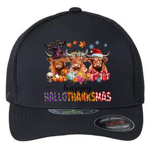 Happy Hallothanksmas Highland Cow Print Halloween Christmas Flexfit Unipanel Trucker Cap