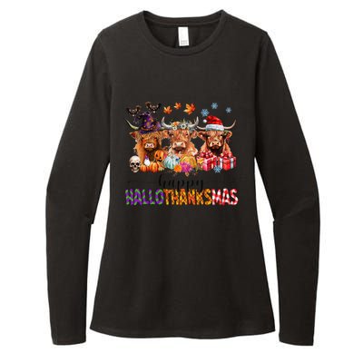 Happy Hallothanksmas Highland Cow Print Halloween Christmas Womens CVC Long Sleeve Shirt