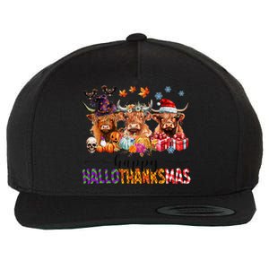 Happy Hallothanksmas Highland Cow Print Halloween Christmas Wool Snapback Cap