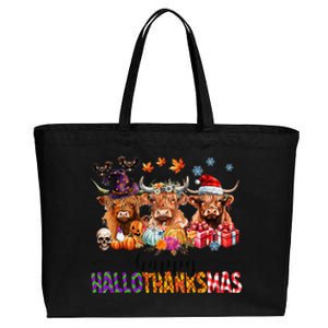 Happy Hallothanksmas Highland Cow Print Halloween Christmas Cotton Canvas Jumbo Tote