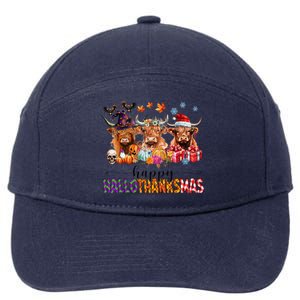 Happy Hallothanksmas Highland Cow Print Halloween Christmas 7-Panel Snapback Hat