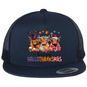 Happy Hallothanksmas Highland Cow Print Halloween Christmas Flat Bill Trucker Hat