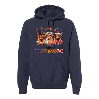 Happy Hallothanksmas Highland Cow Print Halloween Christmas Premium Hoodie