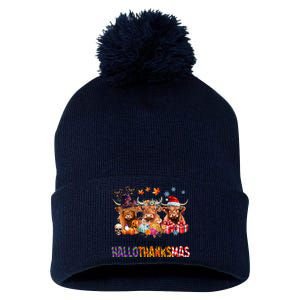 Happy Hallothanksmas Highland Cow Print Halloween Christmas Pom Pom 12in Knit Beanie