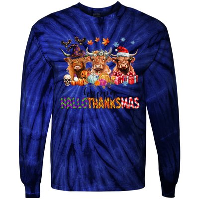 Happy Hallothanksmas Highland Cow Print Halloween Christmas Tie-Dye Long Sleeve Shirt