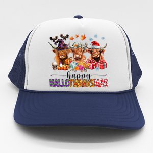 Happy Hallothanksmas Highland Cow Print Halloween Christmas Trucker Hat