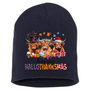 Happy Hallothanksmas Highland Cow Print Halloween Christmas Short Acrylic Beanie