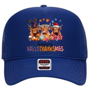 Happy Hallothanksmas Highland Cow Print Halloween Christmas High Crown Mesh Back Trucker Hat