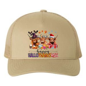 Happy Hallothanksmas Highland Cow Print Halloween Christmas Yupoong Adult 5-Panel Trucker Hat