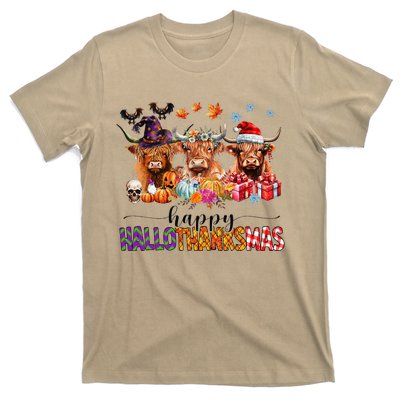 Happy Hallothanksmas Highland Cow Print Halloween Christmas T-Shirt