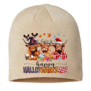 Happy Hallothanksmas Highland Cow Print Halloween Christmas Sustainable Beanie