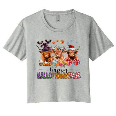 Happy Hallothanksmas Highland Cow Print Halloween Christmas Women's Crop Top Tee