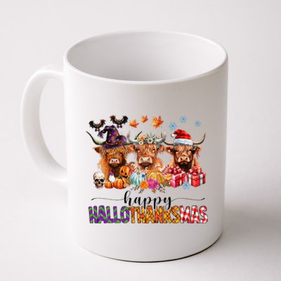 Happy Hallothanksmas Highland Cow Print Halloween Christmas Coffee Mug