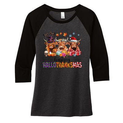 Happy Hallothanksmas Highland Cow Print Halloween Christmas Women's Tri-Blend 3/4-Sleeve Raglan Shirt