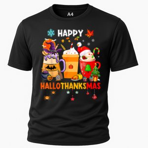 Happy Hallothanksmas Halloween Coffee Latte Thanksgiving Cooling Performance Crew T-Shirt