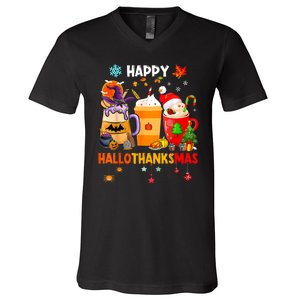 Happy Hallothanksmas Halloween Coffee Latte Thanksgiving V-Neck T-Shirt