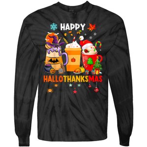 Happy Hallothanksmas Halloween Coffee Latte Thanksgiving Tie-Dye Long Sleeve Shirt