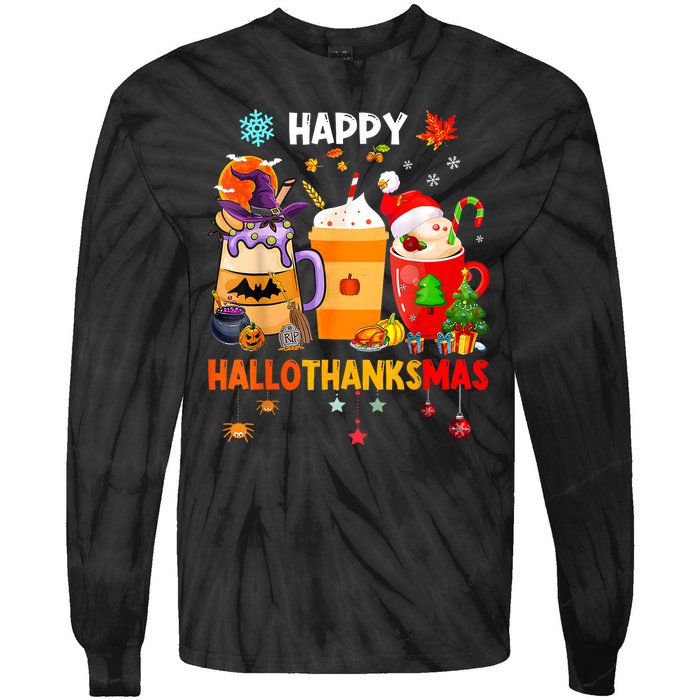 Happy Hallothanksmas Halloween Coffee Latte Thanksgiving Tie-Dye Long Sleeve Shirt